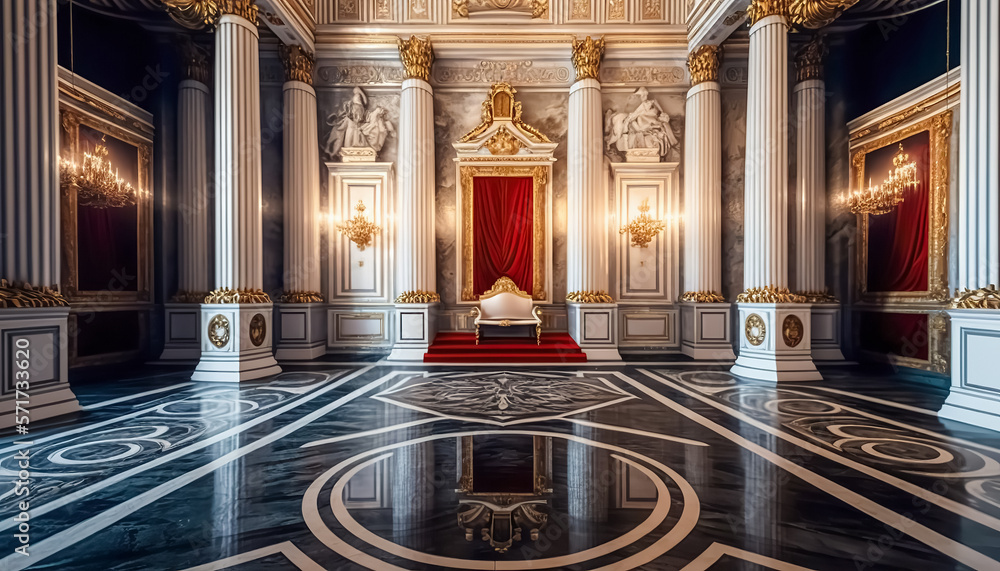 A realistic fantasy Red gold interior of the royal palace. castle