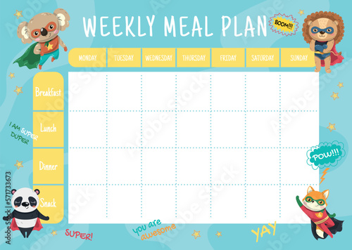 Supreheroes weekly meal planner. Design element for drawing up childrens diet. Healthy eating and proper nutrition. Grocery list with funny fox, lion, koala and panda. Cartoon flat vector illustration