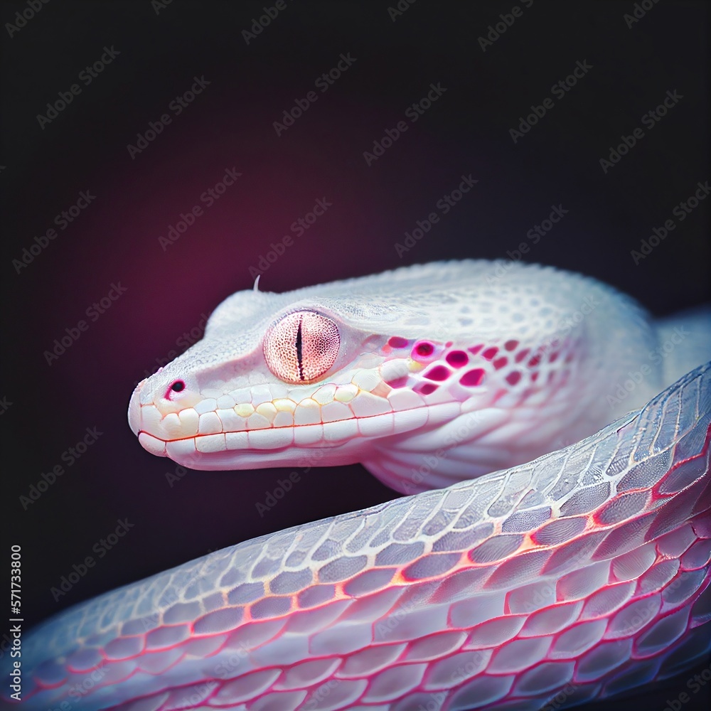Fototapeta premium White snake on black background. Illustration AI
