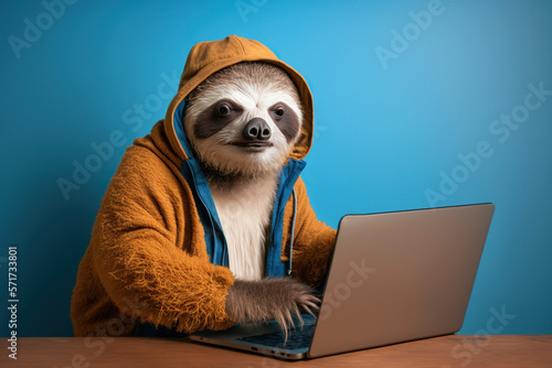 Studio photo portrait of a happy sloth in hipster clothes with laptop, created with Generative AI technology photo