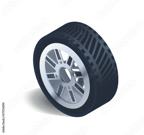 Car tire concept. Wheel for transport, aluminum and rubber round one single object. Protector and disk. Realistic isometric vector illustrations isolated on white background