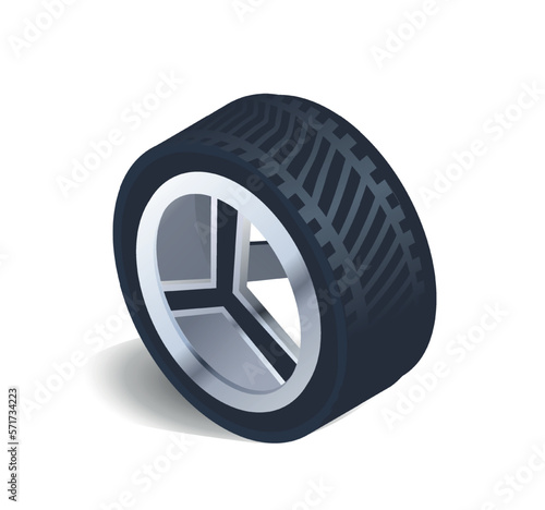 Car tire concept. Machine and vehicle repair. Template, layout and mock up. Advertising poster or banner for website. Realistic isometric vector illustrations isolated on white background
