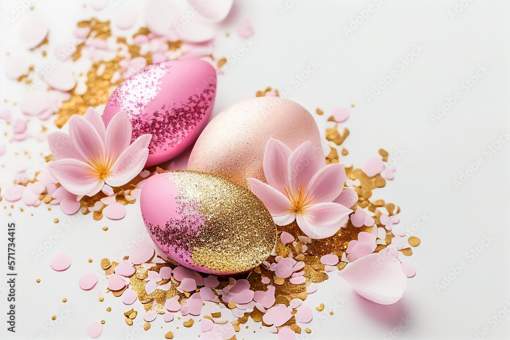Pink and gold painted Easter eggs on white background with copy space and pink flowers decoration. Illustration AI Pink and gold painted Easter eggs on white background with copy space and pink flowers decoration. Illustration AI