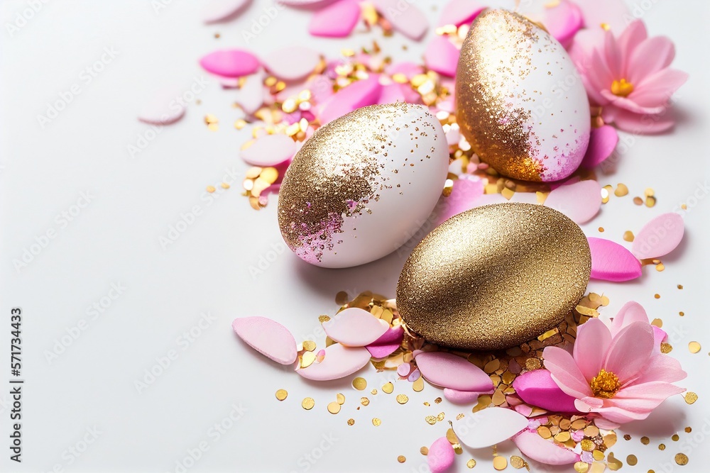 Obraz premium White and gold painted Easter eggs on white background with copy space and pink flowers decoration. Illustration AI