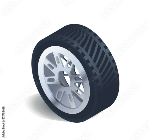 Car tire concept. Rubber tread with aluminum alloy, vehicle wheel. Poster or banner for car repair shop website. Realistic isometric vector illustrations isolated on white background