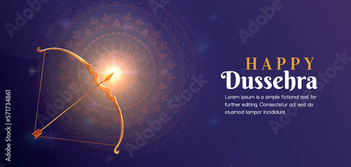 Dussehra banner concept. Bow with arrow on background of traditional Indian patterns. Culture and religion, Buddhism. Legend and fairy tale. Holiday and festival. Cartoon flat vector illustration