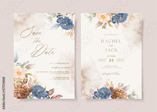 Watercolor wedding invitation template set with romantic navy  rust and peach floral and leaves decoration
