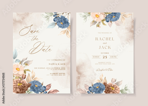 Watercolor wedding invitation template set with romantic navy, rust and peach floral and leaves decoration