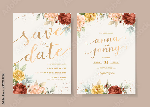 Wedding invitation template set with beautiful floral and leaves decoration