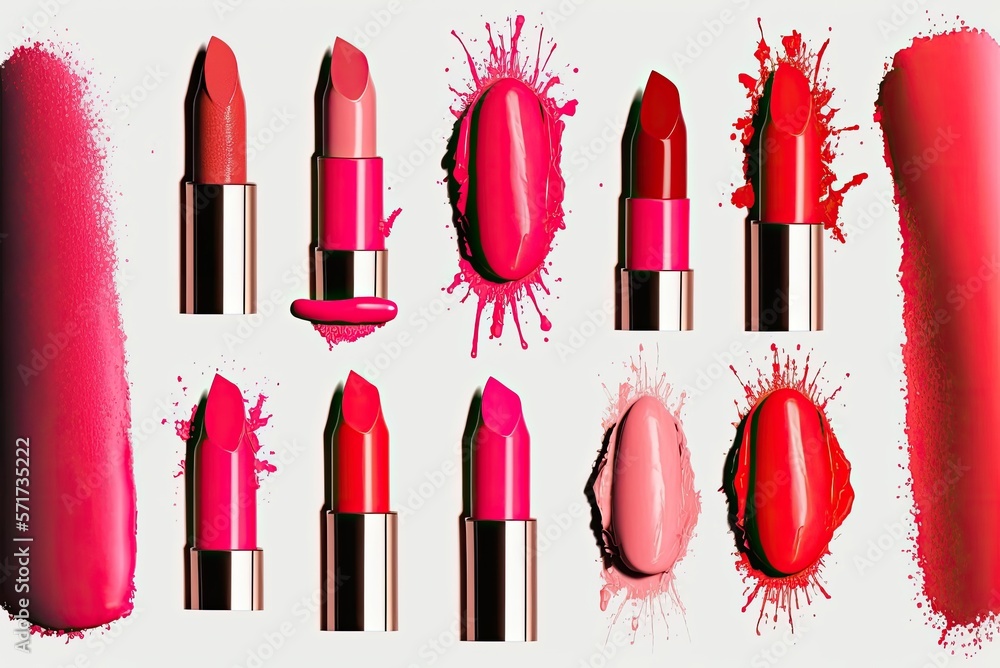 Obraz premium Top view of the variation of feminine lipsticks in different shades with smudge effect on the white background. AI generative