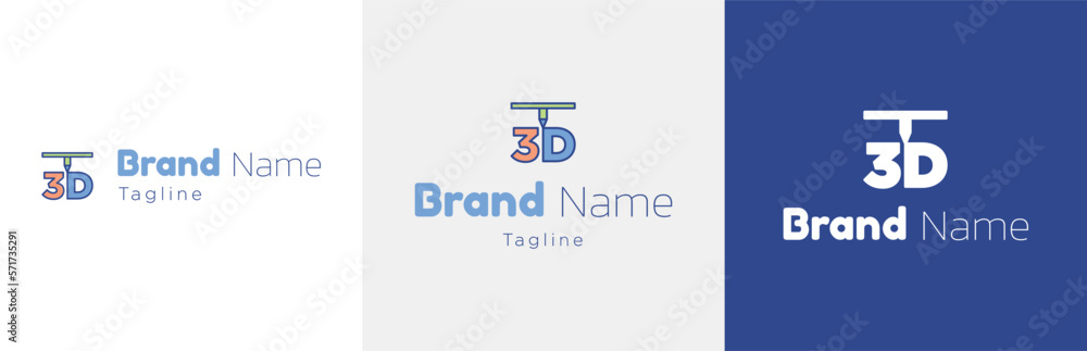 3D printing business logo design set, three-dimensional modern logotype symbol, print shop emblem concept, robot art machine editable commercial illustration, branding, brand identity isolated