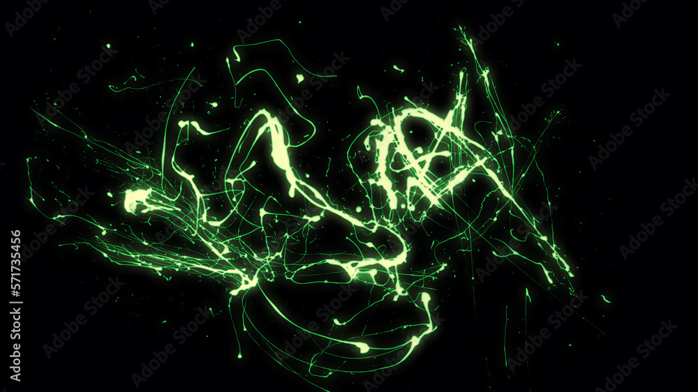 A digital illustration of an abstract background with neon green splatter on a black background.