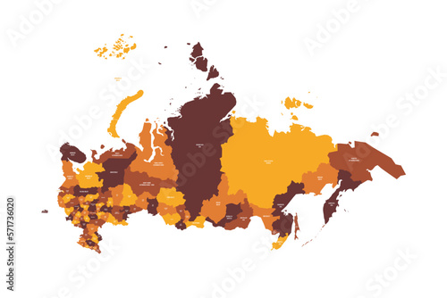 Russia political map of administrative divisions - oblasts, republics, autonomous okrugs, krais, autonomous oblast and 2 federal cities of Moscow and Saint Petersburg. Flat vector map with name labels