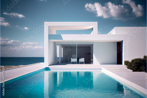Wonderful residential villa with minimalist modern architecture, swimming pool and sea view. Generative AI illustration © ardanz