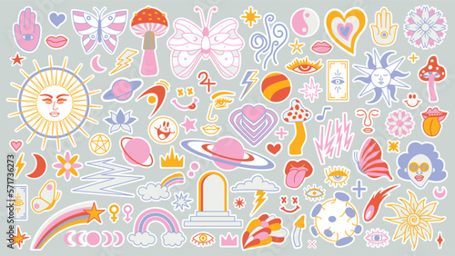 Magic background groovy in retro trend style with clipart elements. Decorative mystical vector isolated pattern. clipart stickers. Esoteric element witchcraft. Collection of occult symbols y2k