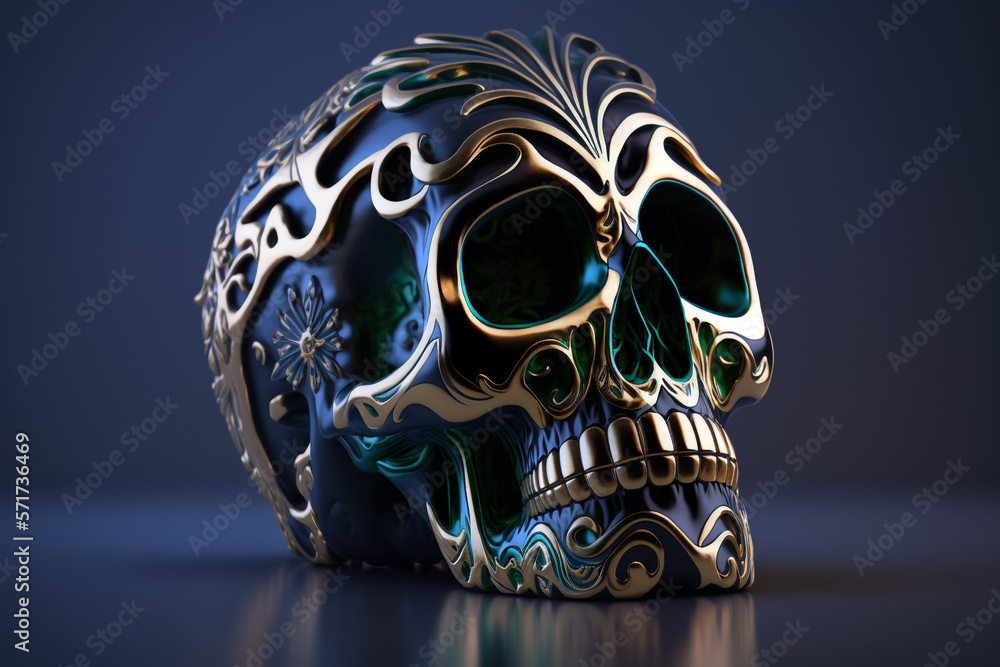 Green skull calavera with golden ornament on studio background. Generative AI illustration Green skull calavera with golden ornament on studio background. Generative AI illustration