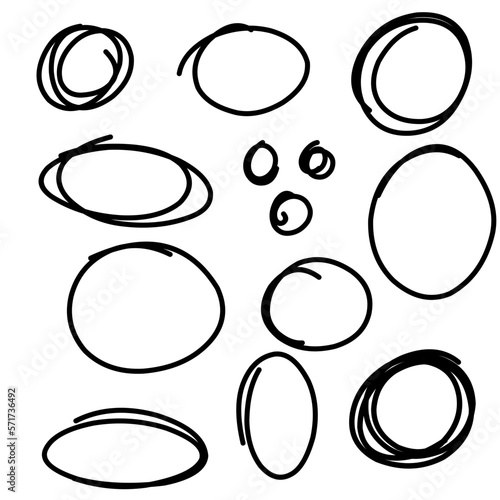 Doodle set of black hand drawn circle line sketch set. Vector circular scribble doodle round circles for message note mark design element. Pencil or pen highlighter elipses shapes