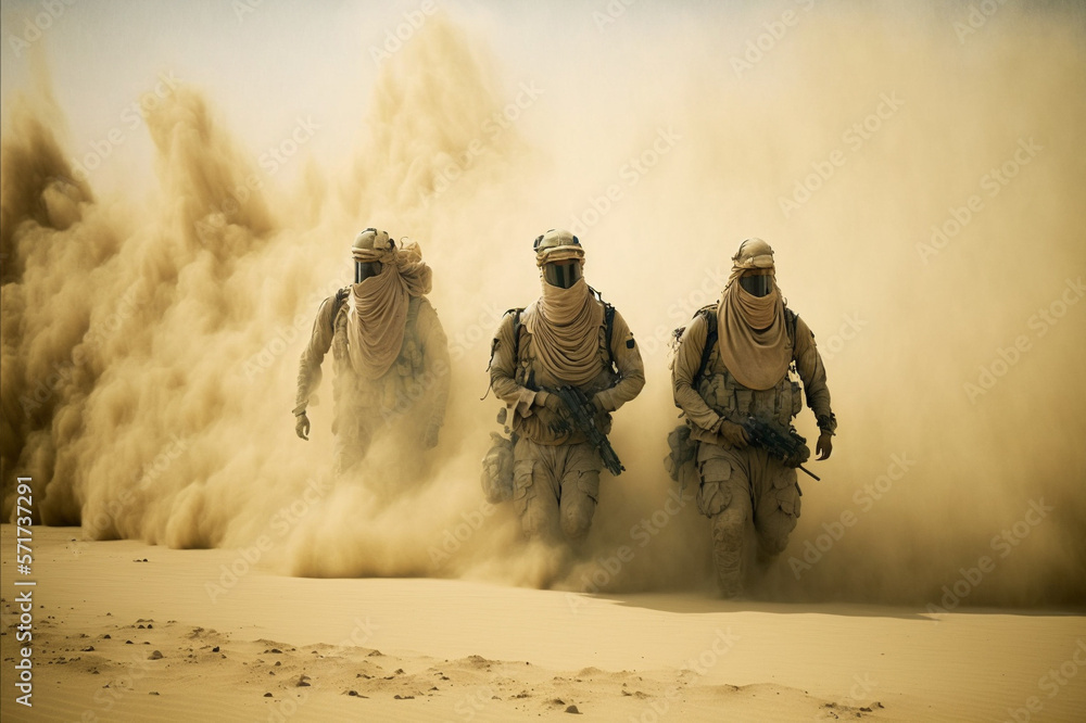 Special forces soldiers on patrol in the dusty desert environment ...