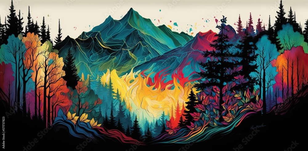 Obraz premium burst of vibrant colors representing the diversity of landscapes and habitats that can be found on hiking trails, concept of Nature and Adventure, created with Generative AI technology