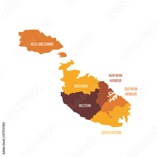 Malta political map of administrative divisions - regions. Flat vector map with name labels. Brown - orange color scheme.