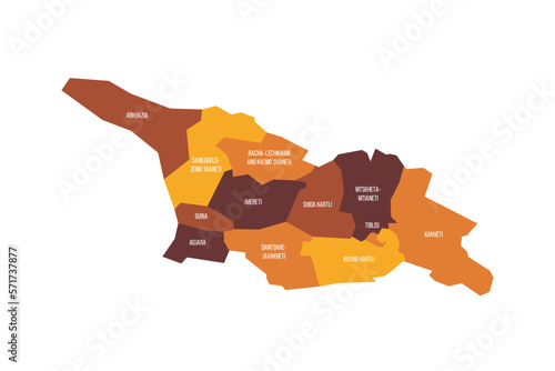 Georgia political map of administrative divisions - regions and autonomous republics of Abkhasia and Adjara. Flat vector map with name labels. Brown - orange color scheme.