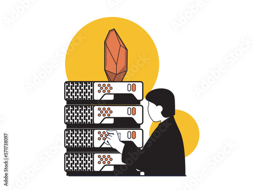 Cryptocurrency marketplace concept with character situation. Man working at mining farm hardware and making bitcoins and crypto coins. Vector illustrations with people scene in flat design for web