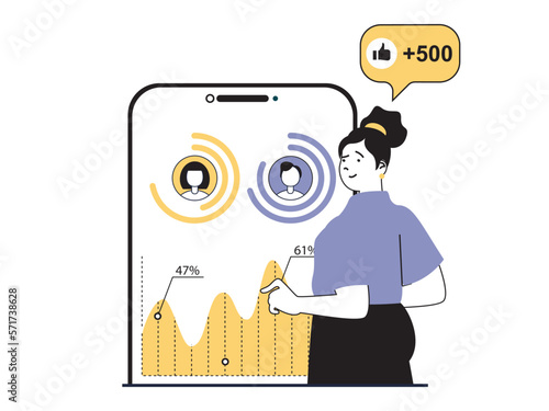 Digital marketing concept with character situation. Woman analyzes data and business audience growth, creates advertising promo content. Vector illustrations with people scene in flat design for web