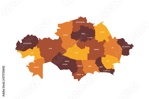Kazakhstan political map of administrative divisions - regions and cities with region rights and city of republic significance Baikonur. Flat vector map with name labels. Brown - orange color scheme.