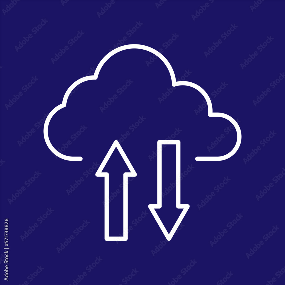 Simple vector data upload and download arrow and cloud, thin line icon style dark blue background, internet online data transfer, information access to database cloud computing concept. Simple vector data upload and download arrow and cloud, thin line icon style dark blue background, internet online data transfer, information access to database cloud computing concept.