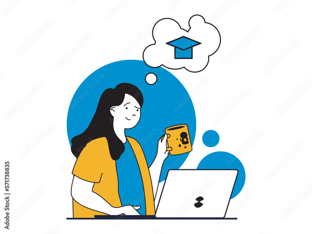 Education concept with character situation. Woman studying on online education platform using laptop and getting ready for graduation. Vector illustrations with people scene in flat design for web