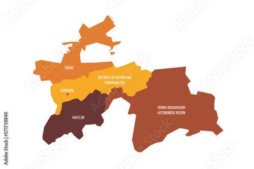 Tajikistan political map of administrative divisions - regions, autonomous region of Gorno-Badakhshan, districts of Republican Subordination and capital city of Dushanbe. Flat vector map with name