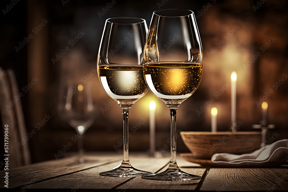Couple glassess of the champagne or white wine are placed on wooden table in restaurant background.  image.