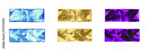 Set of vector textured buttons. Watercolor rectangles, gold bars, violet gemstones. Elements of design for game, site, ad
