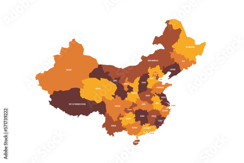 China political map of administrative divisions - provinces, autonomous regions and municipalities. Flat vector map with name labels. Brown - orange color scheme.
