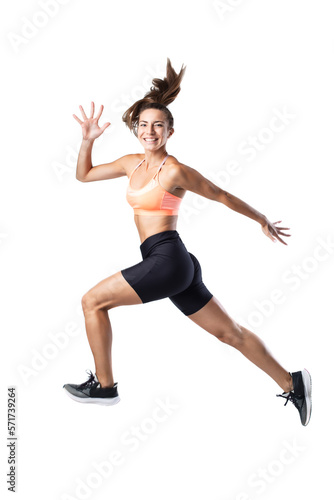 Portrait of a girl running. Female runner isolated on white background.