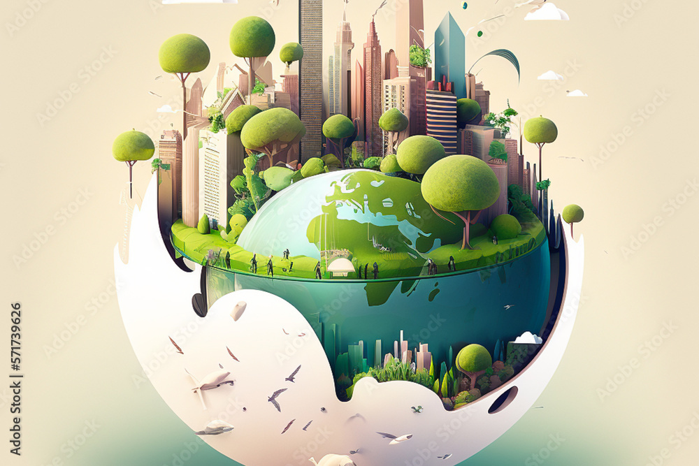 isometric image of a city with green energy, windmills, solar panels ...