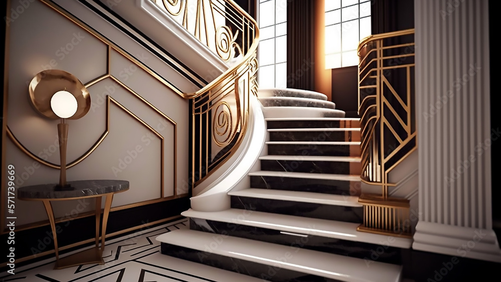Interior design Classic and elegant styles Art Deco Ladder | Glamour, elegance, geometric elements, abstract prints, golden details. Black, white and gold | Illustration Generated AI