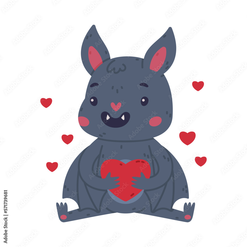 Cute funny baby bat character sitting with red heart. Halloween symbol cartoon vector illustration Cute funny baby bat character sitting with red heart. Halloween symbol cartoon vector illustration