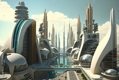 3d high-tech concept of a big city in the metaverse, virtual space,incorporating futuristic elements like floating platforms, holographic displays, and interactive water features, renewable energy