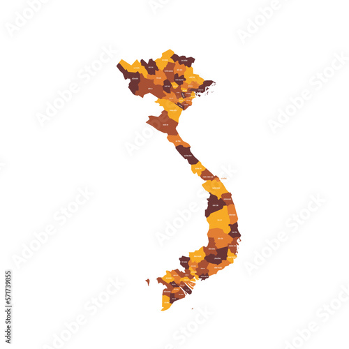 Vietnam political map of administrative divisions - provinces and municipalities. Flat vector map with name labels. Brown - orange color scheme.