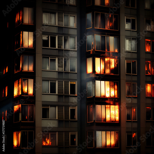 apartment building on fire (generative ai content) photo
