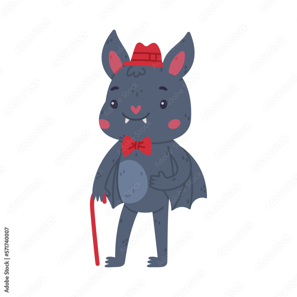 Cute bat dressed red hat and bow tie standing with walking cane. Halloween symbol. Funny mascot character cartoon vector illustration Cute bat dressed red hat and bow tie standing with walking cane. Halloween symbol. Funny mascot character cartoon vector illustration