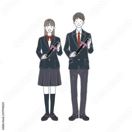 卒業証書を持つ男女の学生 卒業イメージイラスト 全身