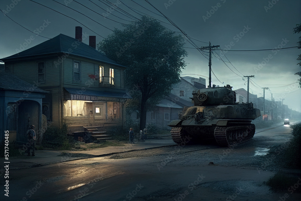 Obraz premium fictional tanks in the suburban street on a gloomy november evening, science fiction digital painting style made with generative AI