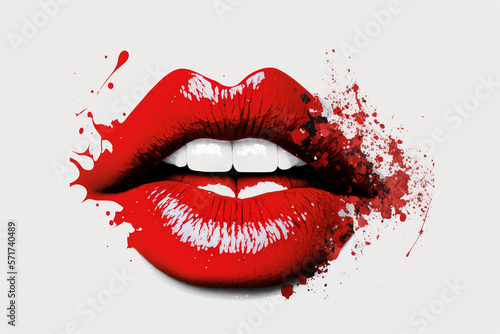 Beautiful red lips with white teeth on white background with splashed red lipstick. Illustration for beauty articles. Generative AI