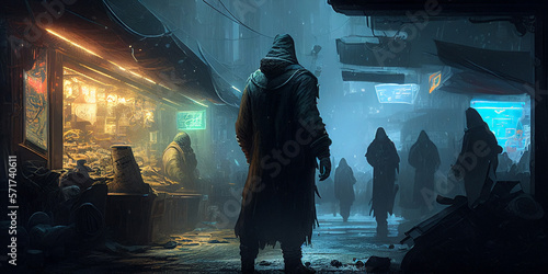 stranger walking through crowded blackmarket in cyberpunk megacity on moonlit night, science fiction digital painting style made with generative AI