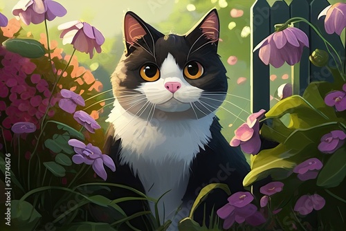 Black and white cat sitting in the garden - AI Generated