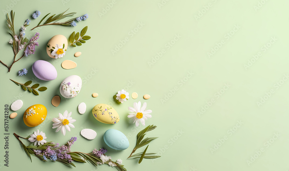 easter eggs and flowers, space for copy, Generative AI