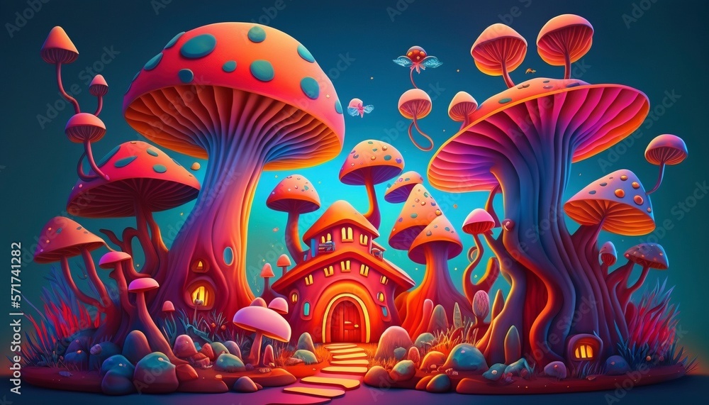Psychedelic Trip With Colorful Mushrooms