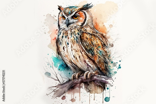 owl illustration for t-shirts in watercolor style, Generative AI